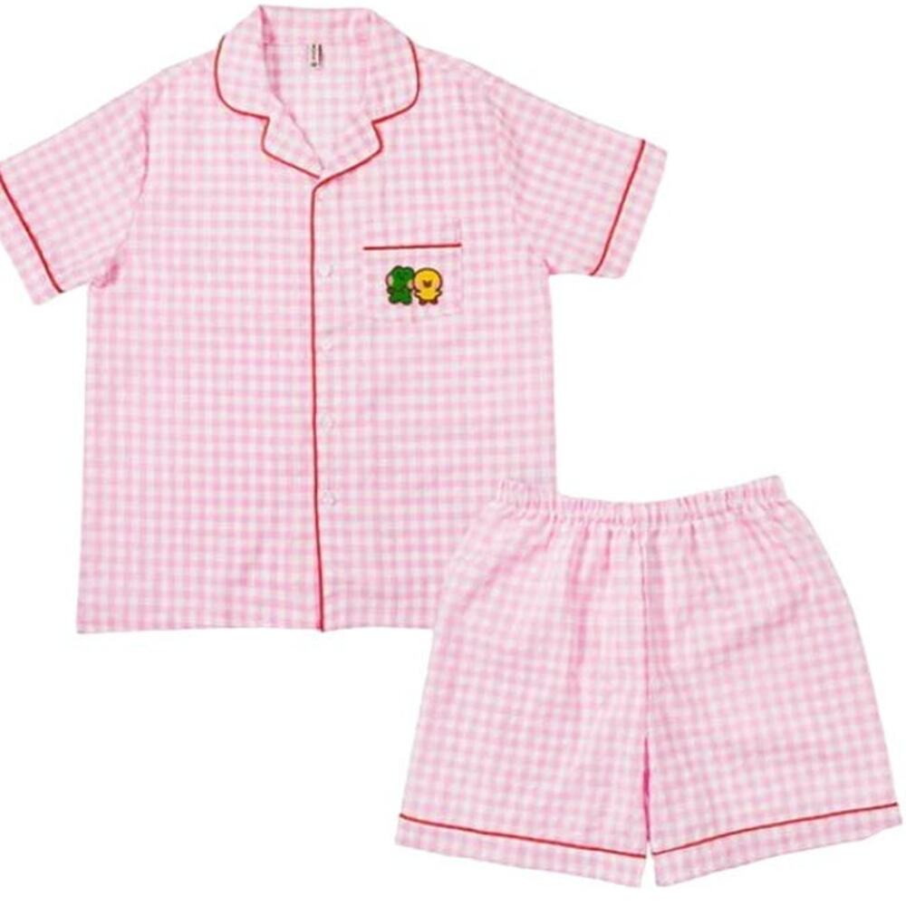 Line Friends Minini Woven Pajama Set Pink Gingham Shorts Top
